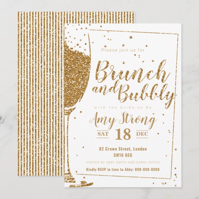 Brunch and Bubbly gold glitter with striped back Invitation (Front/Back)