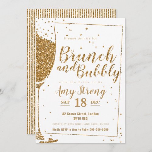 Brunch and Bubbly gold glitter with striped back Invitation