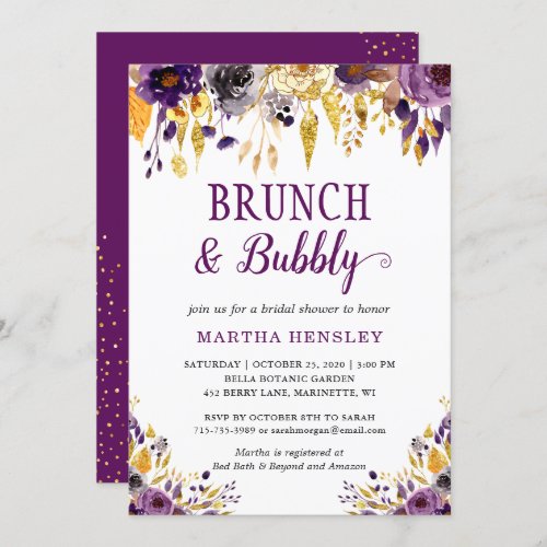 Brunch and Bubbly Gold Glitters Dots Purple Floral Invitation