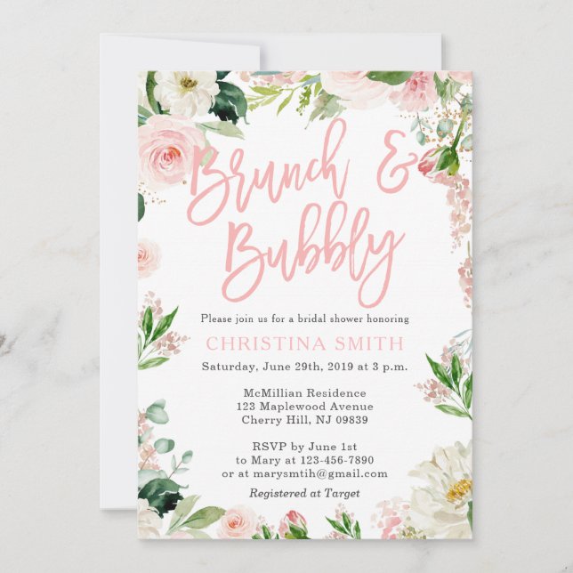 Brunch and Bubbly Invitations Blush Pink Florals (Front)