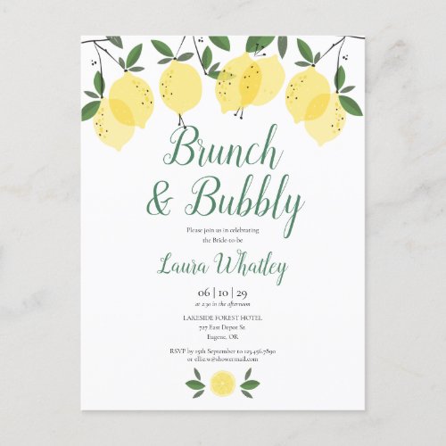 Brunch and Bubbly Lemon Bridal Shower Announcement Postcard - Featuring lemons greenery, this stylish botanical brunch and bubbly bridal shower invitation can be personalised with your special event information. Designed by Thisisnotme©