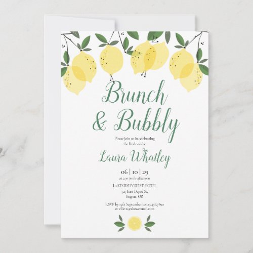 Brunch and Bubbly Lemon Bridal Shower Invitation - Featuring lemons greenery, this stylish botanical bridal shower brunch and bubbly invitation can be personalised with your special event information and your monogram initials on the reverse. Designed by Thisisnotme©