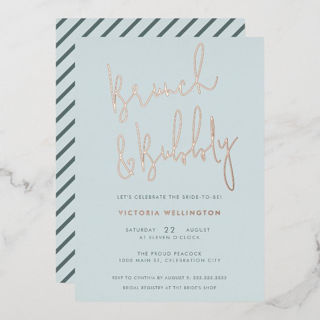 Brunch and Bubbly Light Blue Bridal Shower Gold Foil Invitation (Front/Back)