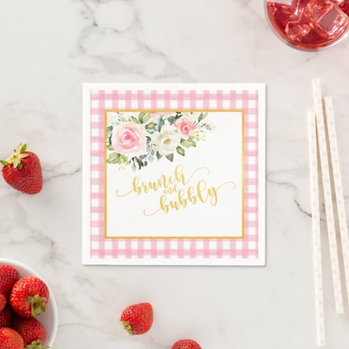 Brunch and Bubbly Napkin _ Gold Text Pink Plaid