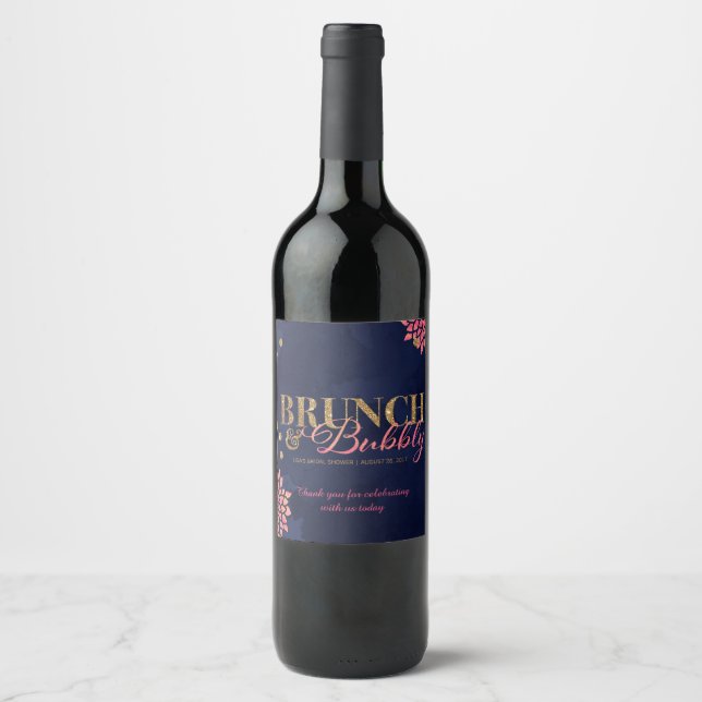 Brunch and Bubbly Navy Pink Gold Bridal Shower Wine Label (Front)