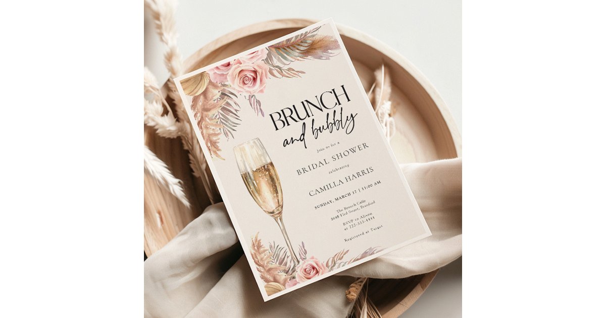 Brunch and Bubbly Pampas Grass Bridal Shower Invitation | Zazzle