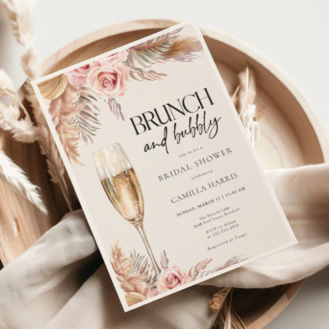Brunch and Bubbly Pampas Grass Bridal Shower Invitation | Zazzle