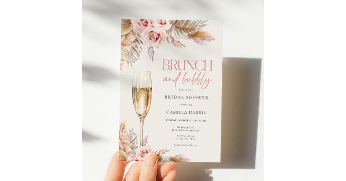 Brunch and Bubbly Pampas Grass Bridal Shower Invitation | Zazzle