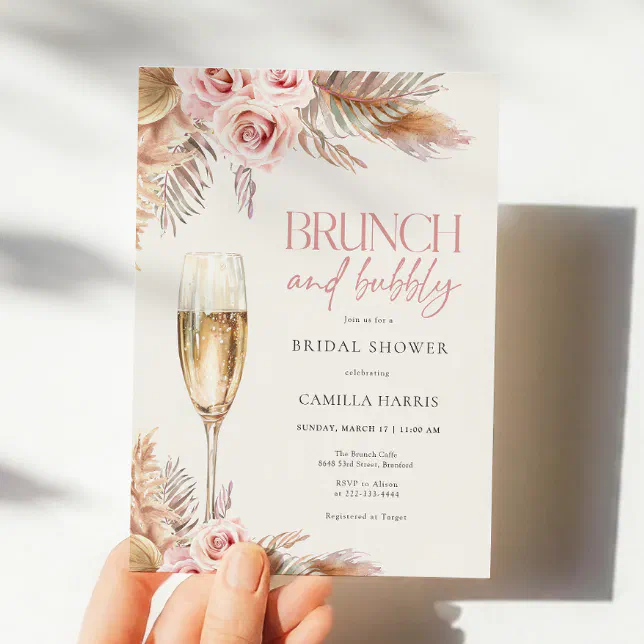 Brunch and Bubbly Pampas Grass Bridal Shower Invitation | Zazzle