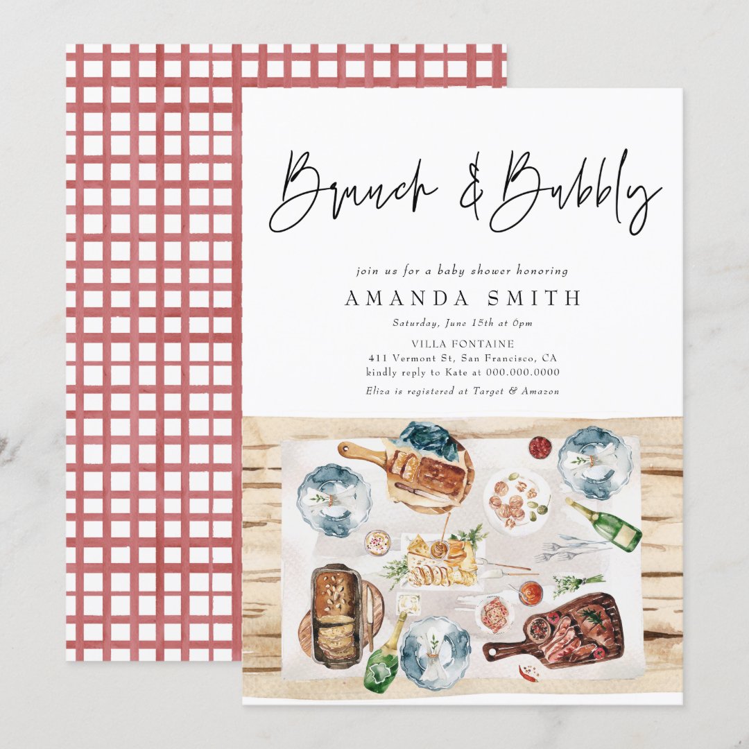 Brunch and Bubbly Picnic BBQ Red Plaid Baby Shower Invitation Zazzle