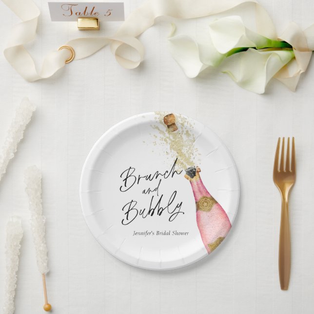 Brunch and Bubbly Pink and Gold Bridal Shower  Paper Plates (Wedding)