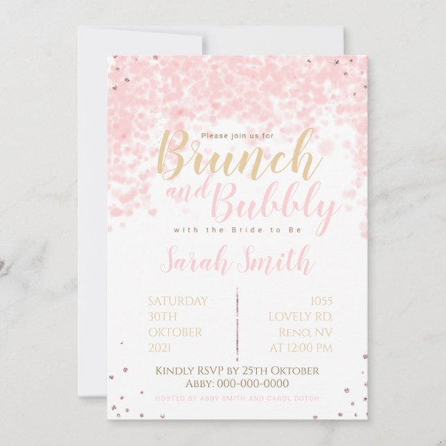 Brunch and Bubbly pink bubbles, hearts and glitter Invitation (Front)