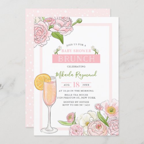 Brunch and Bubbly  Pink Floral Baby Shower Brunch Invitation