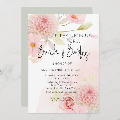 Brunch and Bubbly Pink Floral Bridal Shower Invita Invitation