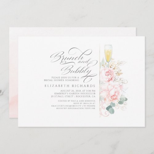 Brunch and Bubbly Pink Floral Bridal Shower Invitation