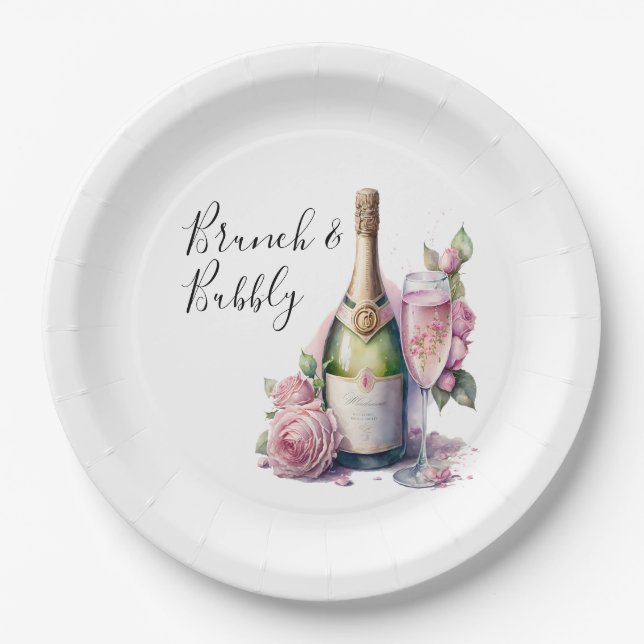 Brunch and Bubbly Pink Floral Bridal Shower  Paper Plates (Front)