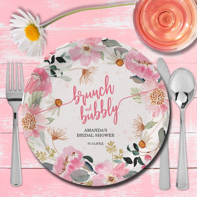 Brunch and Bubbly Pink Floral Bridal Shower Paper Plates (Brunch and bubbly pink watercolor floral bridal shower paper plates)