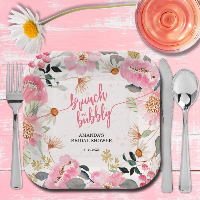 Brunch and Bubbly Pink Floral Bridal Shower Paper Plates (Brunch and bubbly pink watercolor floral bridal shower square paper plates)