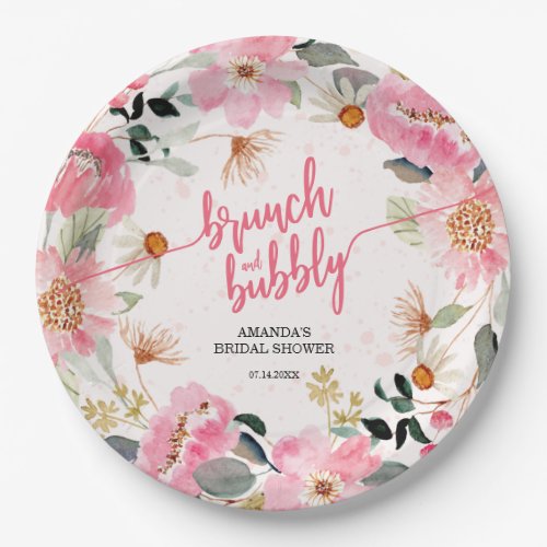 Brunch and Bubbly Pink Floral Bridal Shower Paper Plates