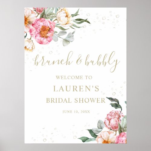 Brunch and Bubbly Pink Floral Bridal Shower Sign 
