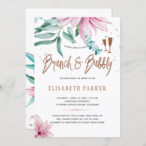 Brunch and bubbly pink floral glam bridal shower invitation