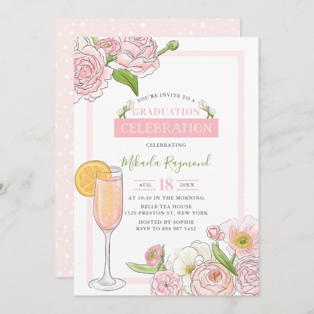Brunch and Bubbly | Pink Floral Graduation Party Invitation (Front/Back)
