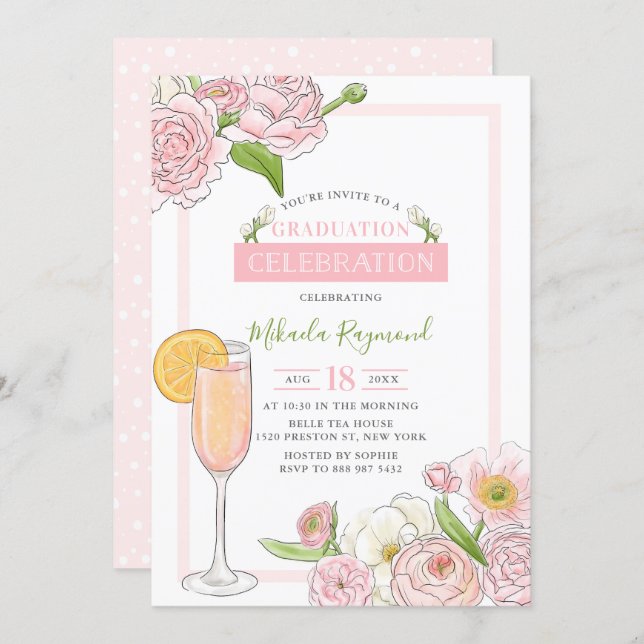 Brunch and Bubbly | Pink Floral Graduation Party Invitation (Front/Back)