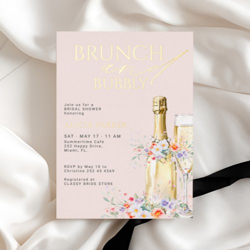 Brunch and bubbly pink gold floral bridal shower foil invitation