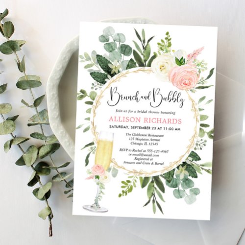 Brunch and Bubbly pink gold greenery bridal shower Invitation