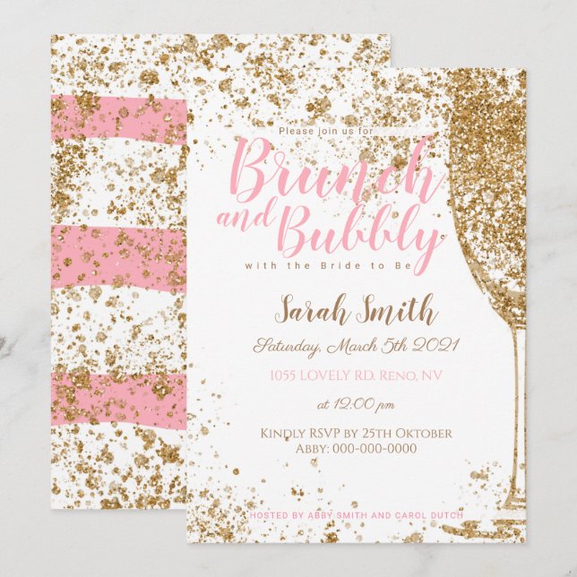 Brunch and Bubbly pink stripes glitter Invitation (Front/Back)
