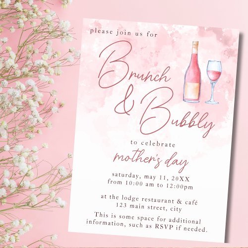 Brunch and Bubbly Pink Watercolor Mothers Day Invitation