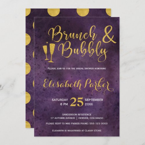Brunch and bubbly purple glam gold bridal shower invitation