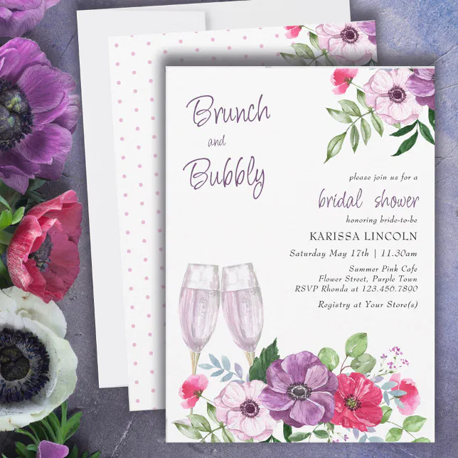 Brunch and Bubbly Purple Pink Floral Bridal Shower Invitation | Zazzle