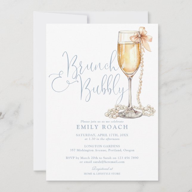 Brunch And Bubbly QR Code Dusty Blue Bridal Shower Invitation (Front)