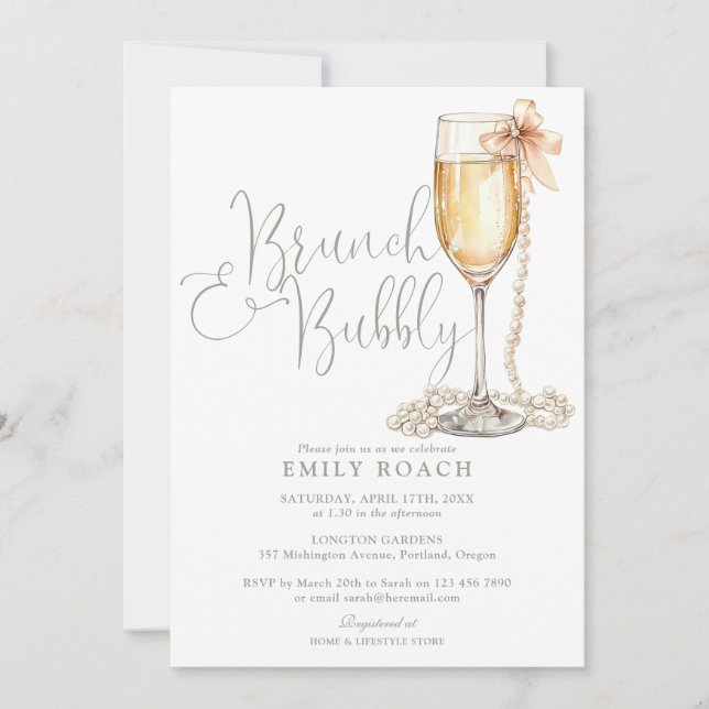 Brunch And Bubbly QR Code Sage Green Bridal Shower Invitation (Front)