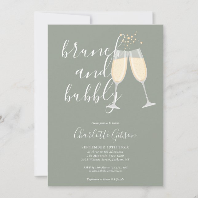 Brunch And Bubbly QR Code Sage Green Bridal Shower Invitation (Front)