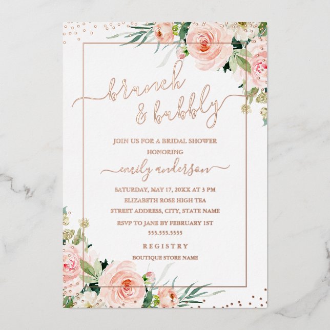Brunch And Bubbly REAL ROSE GOLD Bridal Shower Foil Invitation (Front)