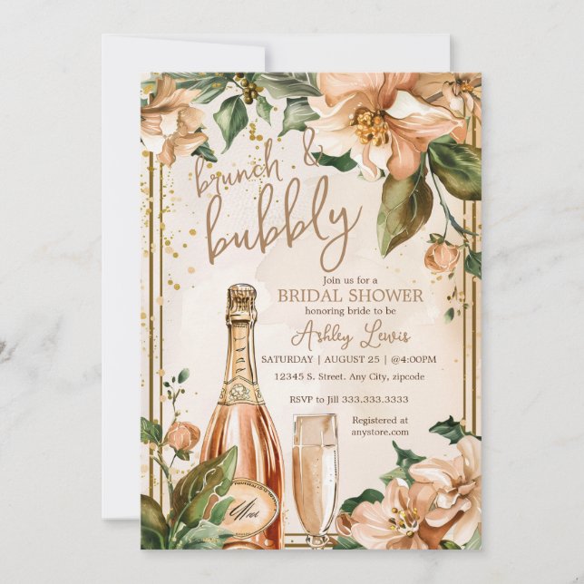 Brunch and bubbly, Rose gold Bridal Champagne Invitation (Front)