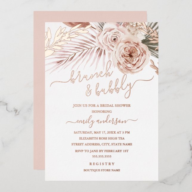 Brunch And Bubbly ROSE GOLD FOIL Bridal Shower Foil Invitation (Front/Back)