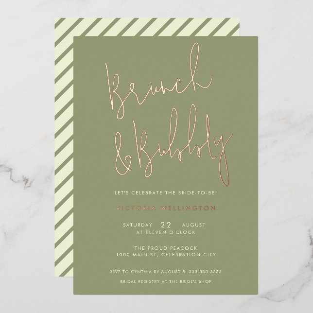 Brunch and Bubbly Sage Green Bridal Shower Gold Foil Invitation (Front/Back)