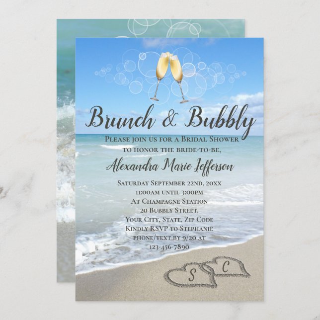 Brunch and Bubbly Sand Hearts Beach Bridal Shower Invitation (Front/Back)