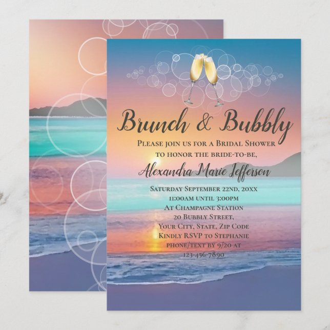 Brunch and Bubbly Sand Hearts Beach Bridal Shower Invitation (Front/Back)