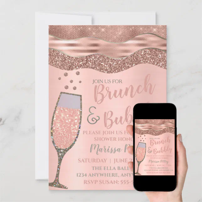 Brunch And Bubbly Shower Blush Rose Gold Invitation Zazzle 9962