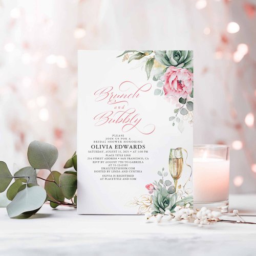 Brunch and Bubbly Succulents Pink Bridal Shower Invitation