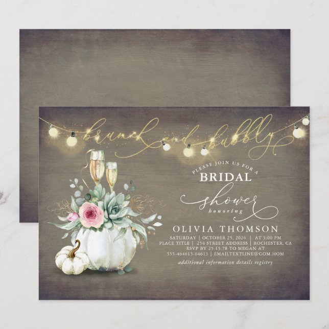 Brunch and Bubbly Succulents Pumpkin Bridal Shower Invitation (Front/Back)
