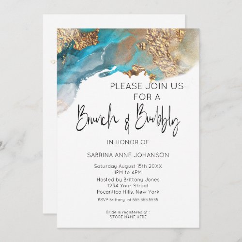 Brunch and Bubbly Turquoise and Gold Marbled Ink Invitation