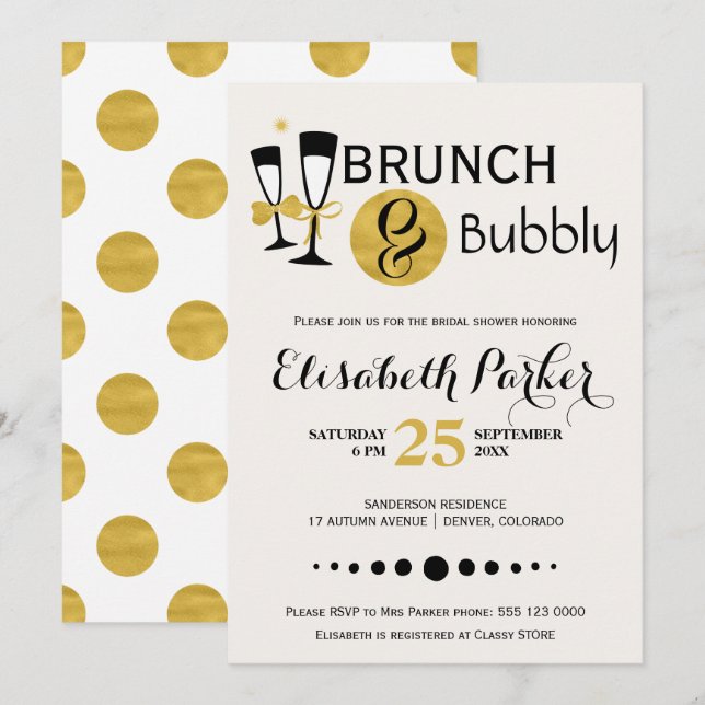 Brunch and bubbly white black gold bridal shower invitation (Front/Back)