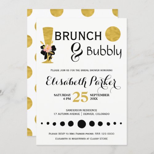 Brunch and bubbly white black gold bridal shower invitation