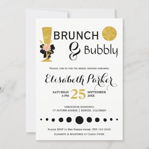 Brunch and bubbly white black gold bridal shower invitation | Zazzle