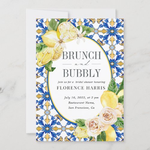 Brunch and Bubbly  Yellow Lemon Bridal Shower Invitation